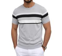 Aulemen T Shirt Herren Strickshirt Kurzarm Slim Fit Gestreiftes Sommer T-Shirts für Herren Atmungsaktiv Rundhals Shirts Casual Business Style Grey-M