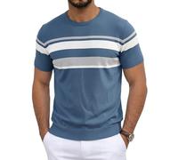 Aulemen T Shirt Herren Strickshirt Kurzarm Slim Fit Gestreiftes Sommer T-Shirts für Herren Atmungsaktiv Rundhals Shirts Casual Business Style DarkBlue-3XL