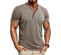 Aulemen T-Shirts für Herren Henley T-Shirt Kurzarm Knopfleiste Hemd lässig Slim Fit T Shirt Herren Sommer Tops Khaki-3XL