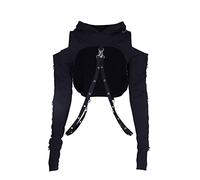AULKEEP Kapuzen-Sweatshirt, Gothic-Punk, Lange Ärmel, schulterfrei, Schnalle, Riemen, 2-Schwarz, 3X