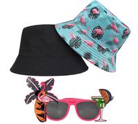 AUNGCSHE Flamingo Hut Fischerhut mit Party Sonnenbrille Set, Lustiger Bucket Hat Damen Herren, Mallorca Party Outfit, Mallorca Accessoires für Sommer Urlaub und Festival
