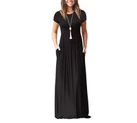 AUOMITH Damen 2026 Sommer Kurzarm Empire Hohe Taille Langes Maxikleid mit Taschen, Schwarz, XX-Large