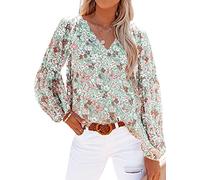 Aupuny Damen Sommer Bluse Elegante Oberteile Lässiges Langarmhemd Bedruckte Blusen V-Ausschnitt Blusen XXL XX-Large Grün