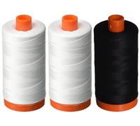 Aurifil 50 WT - 2 weiße + 1 schwarze, solide Zwirn - Mako-Baumwollgarn - je 1400 m.