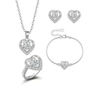Auriselle Zirkonia Schmucksets Damen, 4-Teiliges Schmuck-Set Herz Anhänger Halskette Armband Ring Ohrring Set Zirkon Glänzend, Heart Ketten Verstellbare Länge Jewelry Frauen Mädchen, Silbern