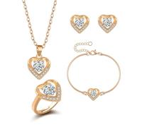 Auriselle Zirkonia Schmucksets Damen, 4-Teiliges Schmuck-Set Herz Anhänger Halskette Armband Ring Ohrring Set Zirkon Glänzend, Heart Ketten Verstellbare Länge Jewelry Frauen Mädchen, Golden