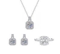 Auriselle Zirkonia Schmucksets für Damen, 3-Teiliges Schmuck-Set Quadratischer Anhänger Halskette Ring Ohrring Set Zirkon Glänzend, Ketten Ringe Einstellbare Jewelry Frauen Mädchen, Silbern
