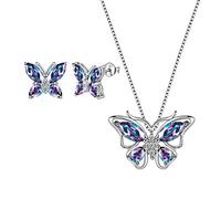 Aurora Tears 925 Sterling Silber Schmetterling Halskette Ohrringe Mystic Rainbow Topaz Anhänger Ohrstecker Schmuck Set für Frauen DS0035M
