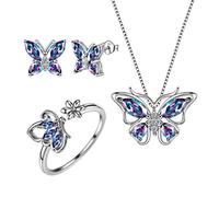 Aurora Tears 925 Sterling Silber Schmetterling Halskette Ohrringe Ringe Mystic Rainbow Topaz Anhänger Ohrstecker Schmuck Set für Frauen DS0039M