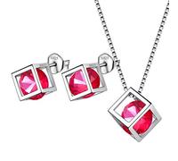 Aurora Tears Juli Birthstone Halskette Ohrstecker 925 Sterling Silber Rot Rubin Quadrat Geburtsstein Schmuck Set für Frauen und Mädchen DS0028R