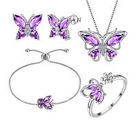 Aurora Tears Schmetterling Halskette/Ohrringe/Ringe Armband Set 925 Sterling Silber Februar Birthstone lila Amethyst Schmuck Set Tiere Schmuck Geschenk für Frauen und Mädchen DS0070F