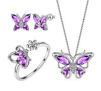 Aurora Tears Schmetterling Halskette/Ohrringe/Ringe Set 925 Sterling Silber Februar Birthstone lila Amethyst Schmuck Set Tiere Schmuck Geschenk für Frauen und Mädchen DS0039P