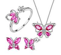 Aurora Tears Schmetterling Halskette/Ohrringe/Ringe Set 925 Sterling Silber Juli Birthstone Red Ruby Jewelry Set Tiere Schmuck für Frauen und Mädchen DS0039R