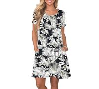 AUSELILY Damen Kleider Sommer Kurzarm Shirtkleider Kurz Sommerkleider Leicht Freizeitkleid mit Taschen Weißgrüne Palmen Weiß S
