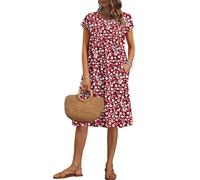 AUSELILY Damen Kurzarm Knielange Sommerkleider Sommer Lockeres Freizeitkleider Empire Kleider mit Taschen Kleine Rote Blumen XXL