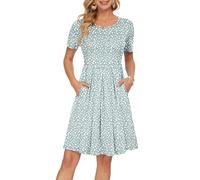 AUSELILY Damen Kurzarm Plissee Loose Swing Freizeitkleid mit knielangen Taschen Grünes Hufeisen XL