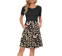 AUSELILY Damen Kurzarm Plissee Loose Swing Freizeitkleid mit knielangen Taschen Schwarzer Leopard XL