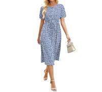 AUSELILY Damen Kurzarm Sommerkleid Knopfleisten Shirtkleid Rundhals Kordelzug Midikleid A-Linie Freizeitkleid Taschen