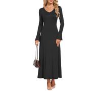 AUSELILY Damen Langarm Maxikleid Bodycon V-Ausschnitt Dünn Herbst Winter | Elegantes Hochzeitsgast Blütenblatten Langärmel Kleid Lang Slim Urlaubskleid Partykleid Sexy Abendkleid Cocktail