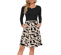 AUSELILY Damen Langarm Plissee Loose Swing Freizeitkleid mit knielangen Taschen Apricot schwarzes Blattmotiv XL