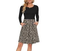 AUSELILY Damen Langarm Plissee Loose Swing Freizeitkleid mit knielangen Taschen Leopard J Schwarz M