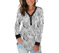 AUSELILY Damen Pullover Langarm V-Ausschnitt Knopf Tunika Oberteile Henley Blusen Kausales Loose T Shirts Zebra Streifen S