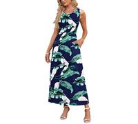 AUSELILY Damen Sommer Ärmelloses Lockeres Maxikleid Lässiges Langes Kleid mit Taschen Blau Drucken XXL