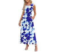 AUSELILY Damen Sommer Ärmelloses Lockeres Maxikleid Lässiges Langes Kleid mit Taschen Blaue Weiße Blüten XXL