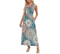 AUSELILY Damen Sommer Ärmelloses Lockeres Maxikleid Lässiges Langes Kleid mit Taschen Grün Drucken XXL