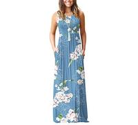 AUSELILY Damen Sommer Ärmelloses Lockeres Maxikleid Lässiges Langes Kleid mit Taschen Hellblaue Blüten XXL