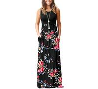 AUSELILY Damen Sommer Ärmelloses Lockeres Maxikleid Lässiges Langes Kleid mit Taschen Rose Schwarz L