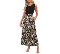 AUSELILY Damen Sommer Ärmelloses Lockeres Maxikleid Lässiges Langes Kleid mit Taschen Schwarzer Leopard M