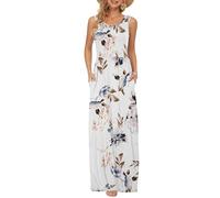 AUSELILY Damen Sommer Ärmelloses Lockeres Maxikleid Lässiges Langes Kleid mit Taschen Weiße Blumen XXL
