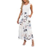 AUSELILY Damen Sommer Ärmelloses Lockeres Maxikleid Lässiges Langes Kleid mit Taschen Weiße Blumen Weiß L