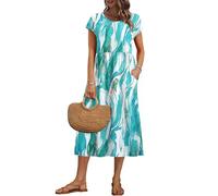 AUSELILY Damen Sommer Kleider Kurzarm Midikleider Lockeres Langes Sommerkleider A-Linie Luftiges Shirtkleider mit Taschen,Bunter Grüner Block L