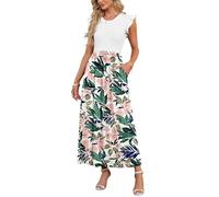 AUSELILY Damen Sommer Kurzarm Rundhalsausschnitt Maxikleid Lässiges Langes Kleid mit TaschenKleid Hochzeitsgast(Rosa Grüne Blume,S)