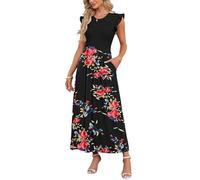 AUSELILY Damen Sommer Kurzarm Rundhalsausschnitt Maxikleid Lässiges Langes Kleid mit TaschenKleid Hochzeitsgast(Rose Schwarz,S)