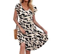 AUSELILY Damen Sommerkleid Rüschen Kurzarm Elegante V-Ausschnitt Kleider Swing Knielanges A-Linie Freizeit Strandkleid Gestuftes Kleider mit Tasche Aprikose Schwarze Blätter XL
