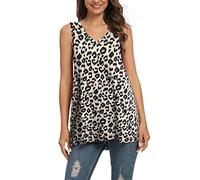 AUSELILY Damen Tshirt V Ausschnitt Ärmellos Lässig Oberteile Sommer Basic Casual Top Lose Weste (Leopard,L)