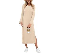 AUSELILY Herbstkleid Damen Kleid Langarm Strickkleid Rundhals Herbst Kleider Midi Seitenschlitz Freizeitkleid Aprikose XL