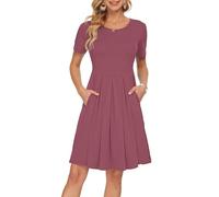 AUSELILY Kleider Damen Sommerkleid Blusenkleid A Linie Freizeitkleid Kurzarm Plissee Loose Swing Knielang Mauve M