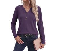 AUSELILY Langarmshirt Damen Henley Tshirt Basic Oberteil mit Knöpfe | Weiches Material, V-Ausschnitt Henley Langarmshirt, Elegantes Basic Top, Leichte Lässiges Damen T-Shirt,Lockere Tunika