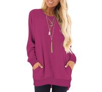 AUSELILY Langarmshirts für Damen Pullover Herbst Rundhals Sweatshirts Lässige Oberteile Damen mit Taschen Rose XL