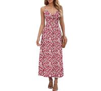 AUSELILY Sommerkleid Damen Lang Maxikleider Elegant V-Ausschnitt Ärmellos Kleider Festlich Hochzeit Strandkleid mit Taschen Rote Blumen 3XL
