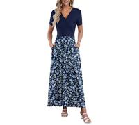 AUSELILY Sommerkleid Damen Lang V-Ausschnitt Kurzarm Abendkleid Wickelkleid Elegant Maxikleider Hochzeitsgast Damen mit Taschen Marineblau Kleinen Blumen & Marineblau XL