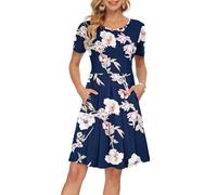AUSELILY Sommerkleider Damen Kurz A Linie Leicht Und Luftig Elegant Plissee Loose Swing mit Knielangen Taschen Saphirblume L