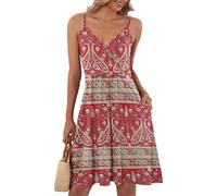 AUSELILY Sommerkleider Damen V-Ausschnitt Damen Leicht Und Luftig Ärmellos Sexy Träger Strand Trägerkleid mit Taschen（Boho Blume Rot,L