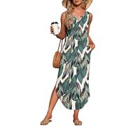 AUSELILY Strandkleid Sommer Damen Lang Maxikleid Ärmellos Schlitz Hawaii Boho Freizeitkleid Leicht Mit Taschen Blatt Druck 2XL