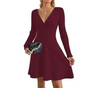 AUSELILY Strickkleid Damen Herbst Leichte Langarm V-Ausschnitt Winterkleid A Linie Elegant Herbstkleid Knielang Kleid Midi Pulloverkleid Tunikakleid Marineblau XL