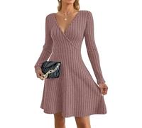 AUSELILY Strickkleid Damen Herbst Leichte Langarm V-Ausschnitt Winterkleid A Linie Elegant Herbstkleid Knielang Kleid Midi Pulloverkleid Tunikakleid Altrosa 2XL